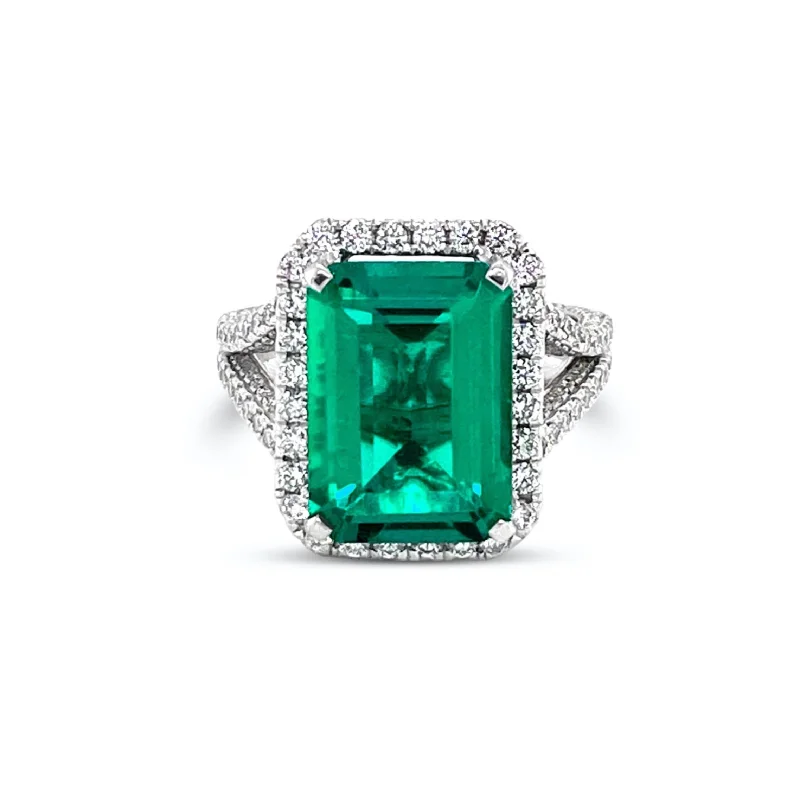 Men’s Fashion Rings-Split sided Halo set Emerald & Diamonds "Eiffel " Ring