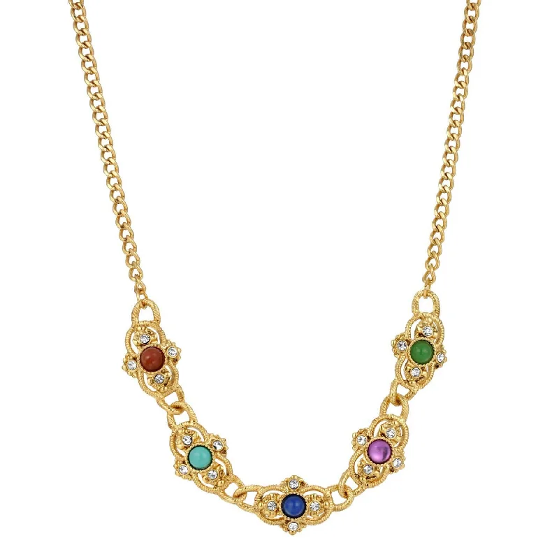 Emerald Necklaces-1928 Jewelry Prestige Textured Link Crystal Multi Color Stone Collar Necklace 15" + 3" Extender