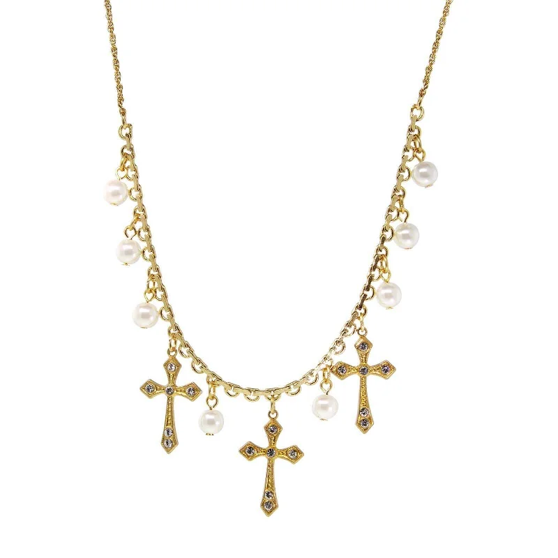 Fashionable Necklaces-Symbols Of Faith Triple Cross Faux Pearl Drop Necklace 16" + 3" Extender