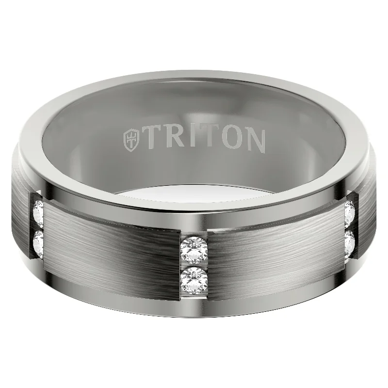 Promise Rings with Custom Engraving-8MM Tantalum Ring - Vertical Channel Set Lab-Created Diamonds and Flat Edge