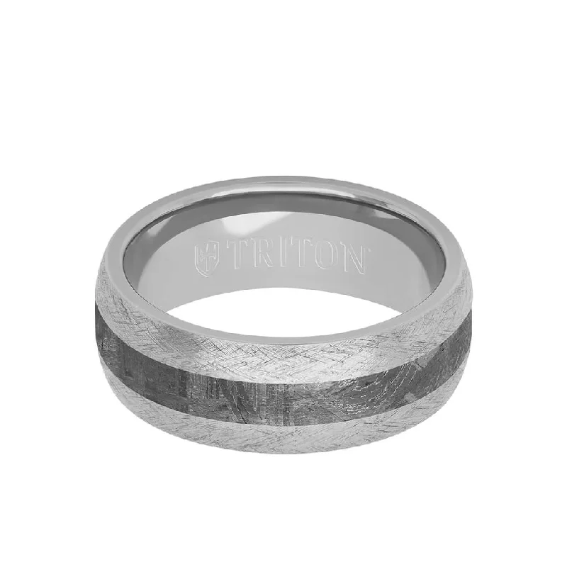 Stackable Engagement Rings-8MM Tungsten Carbide Ring - Meteorite Inlay with Domed Channel and Dome Edge