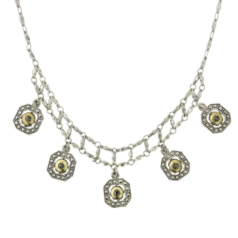 Protective Necklaces-1928 Jewelry 5 Faux Marcasite & Gold Tone Octagon Drop Necklace 15" + 3" Extender