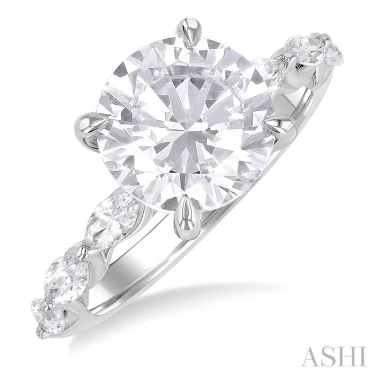 Designer Promise Rings-1.00 ctw Round Shape Marquise and Round Cut Diamond Semi Mount Engagement Ring in 14K White Gold