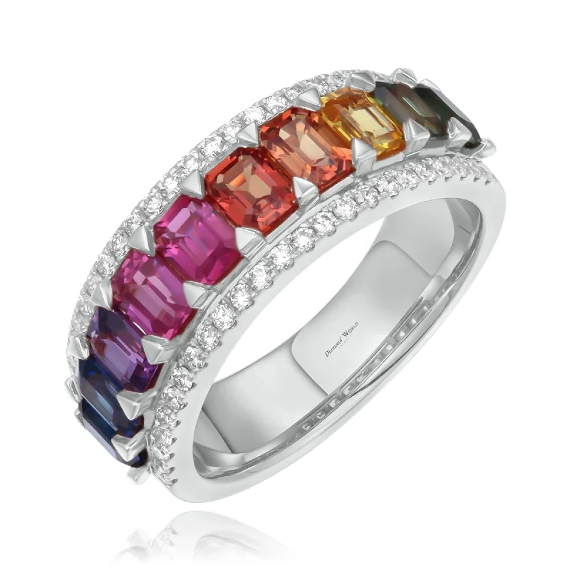 Classic Diamond Wedding Bands-Rectangular Multi Colour Sapphires & Diamonds Ring