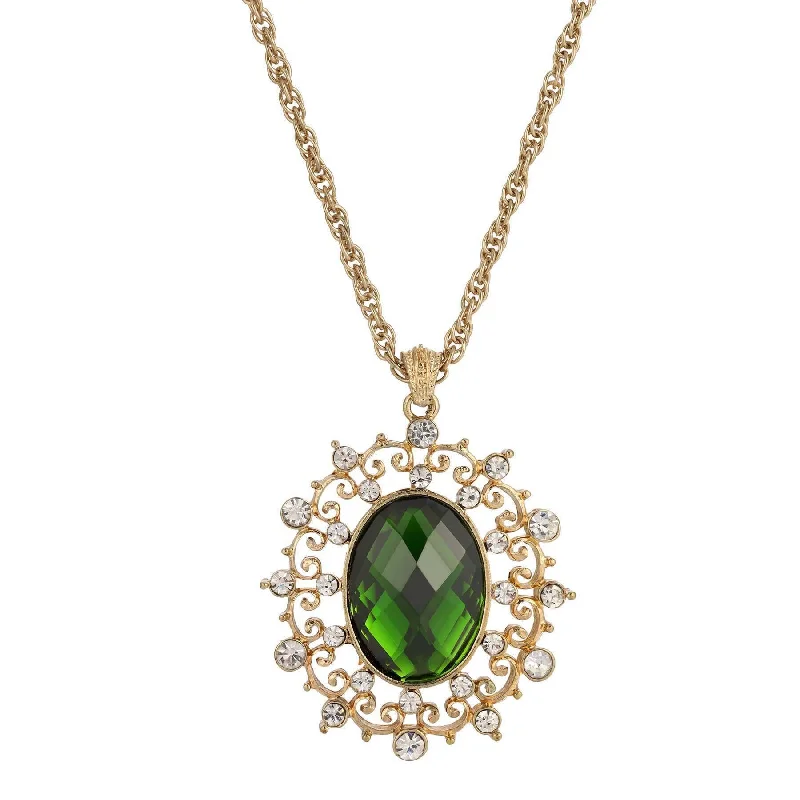 Engraved Necklaces-1928 Jewelry Green Stone And Crystal Large Oval Pendant Necklace 16" + 3" Extender