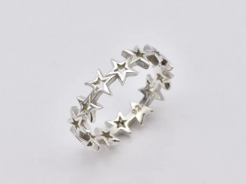 Gemstone Wedding Bands-Silver Stars Band - Star Cluster Ring, Eternity Stars Ring