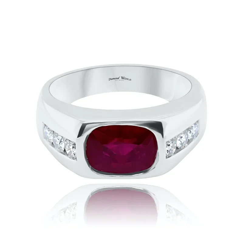 Custom Men’s Promise Rings-Bezel Set Cushion cut Ruby & Princess cut Diamonds Ring