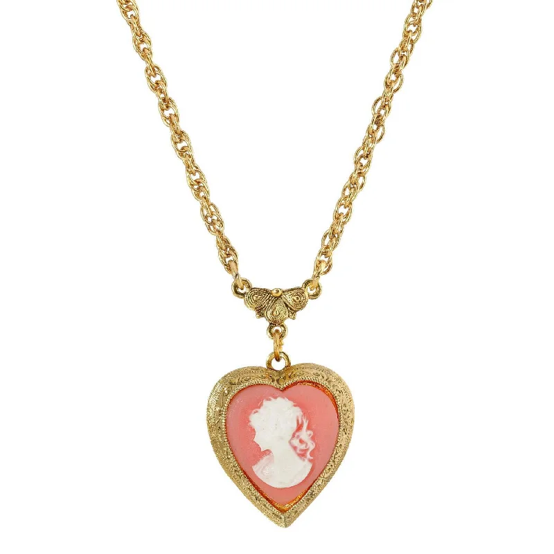 Adjustable Pendant Chain Necklaces-1928 Jewelry Pink Heart Cameo Locket Necklace 16" + 3" Extender