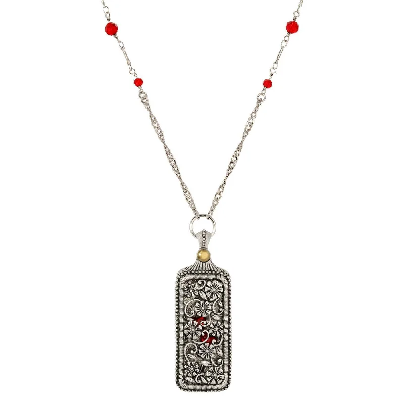 Artistic Pendant Necklaces-1928 Jewelry Pewter Floral Swinging Cover with Red Hearts Pendant Necklace 30"