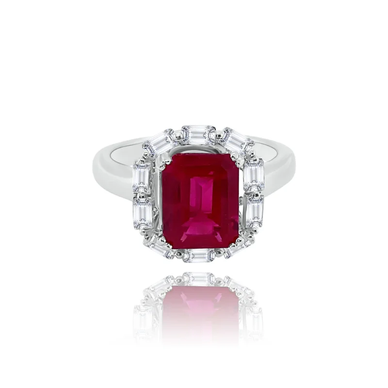 Classic Promise Rings-Baguette Diamonds Halo & Emerald cut Ruby "Alanis" Ring