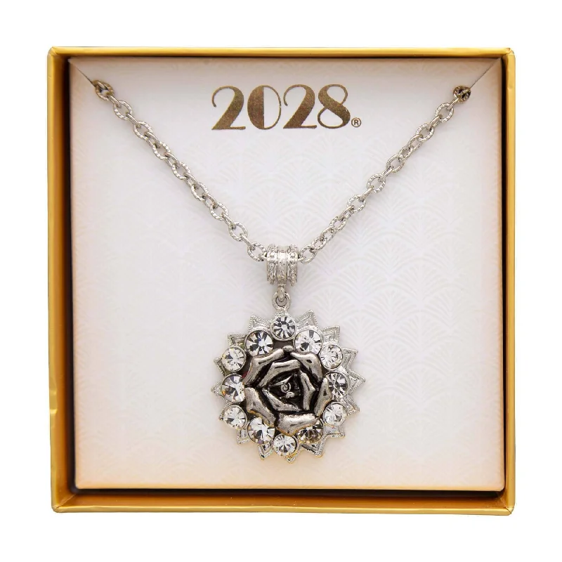 Personalized Silver Necklaces-2028 Jewelry Crystal Flower Pendant Necklace 16" + 3" Extender