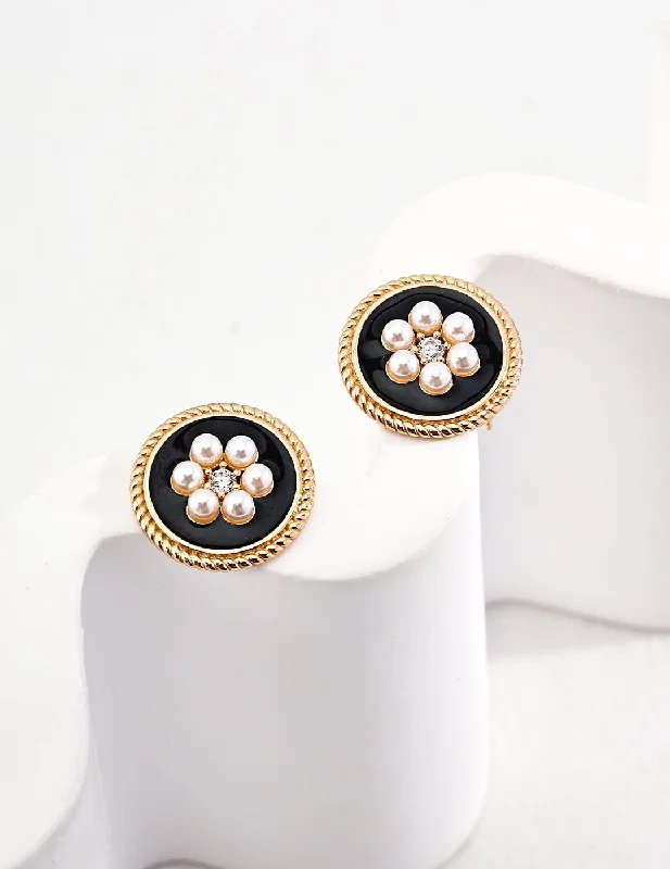 Silver Hoop Drop Earrings-Classic Chanel-inspired Vintage Enamel Glaze Pearl Stud Earrings