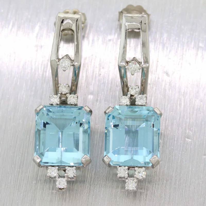 Handcrafted Gold Earrings-Ladies 14k White Gold 14.80ctw Aquamarine Diamond Cocktail Drop Dangle Earrings