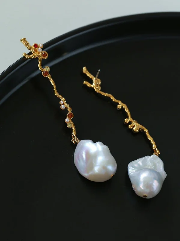 Large Gemstone Hoop Earrings-Branch Baroque Pearl Long Drop Earrings-With Diamond