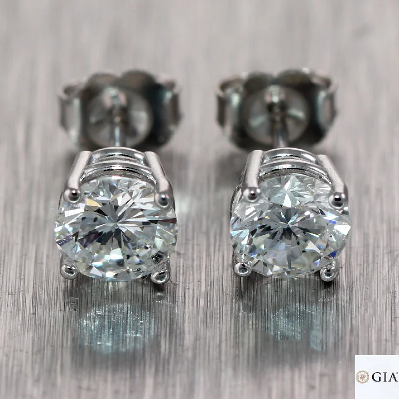 Vintage Crystal Earrings-GIA 1.72ct Round Brilliant G SI1 Diamond 14k White Gold Stud Earrings