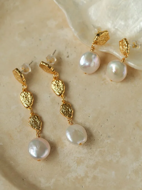 Handcrafted Gemstone Earrings-Gold Lava Coin Baroque Pearls Long Drop Earrings