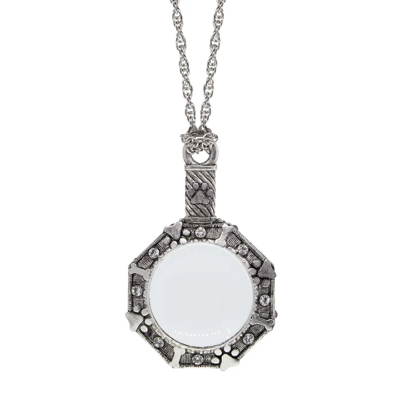 Friendship Necklaces-1928 Jewelry Antiqued Pewter Octagon Dog Paw Bone And Heart Crystal Magnifying Glass Pendant Necklace 30" - Magnification Power: 4-5X