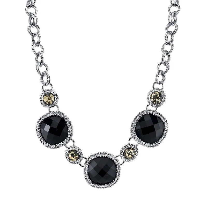 Friendship Necklaces-2028 Jewelry Black Faceted Stone & Black Diamond Crystal Necklace 16" + 3" Extender