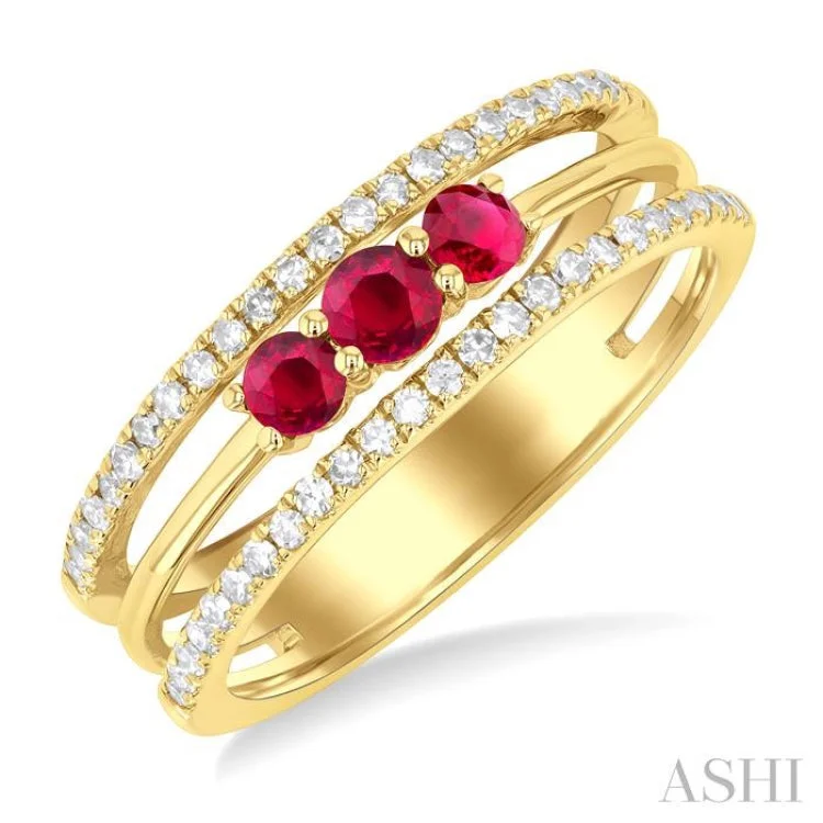 Men’s Gold Rings-3.2 MM, 2.7 MM Round Cut Ruby & 1/4 ctw Single Cut Diamond Past, Present and Future Precious Layered Fashion Ring in 10K Yellow Gold