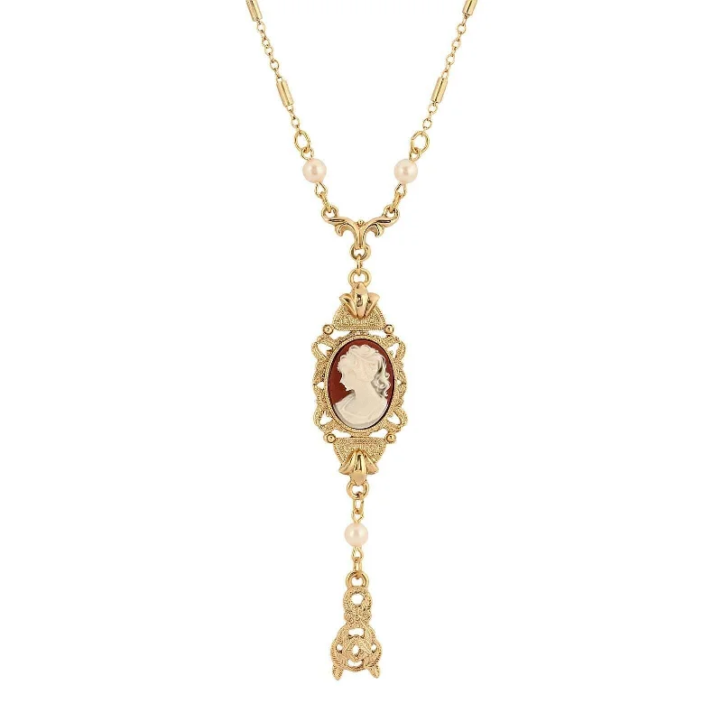 Layered Chain Necklaces-1928 Jewelry Frances Cameo Pendant Faux Pearl & Leaf Drop 24" Necklace