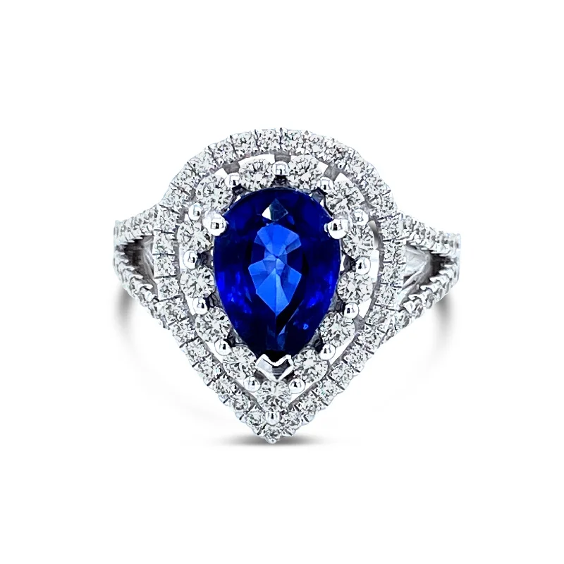 Vintage Engagement Rings with Diamonds-Double Halo Split sided Pear shape Sapphire & Diamonds "Scarlett" Ring