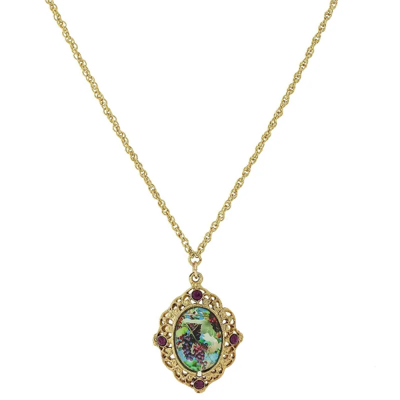 Colorful Gemstone Necklaces-1928 Jewelry Winery Grapes Decal Purple Accent Filigree Pendant Necklace 16" + 3" Extender