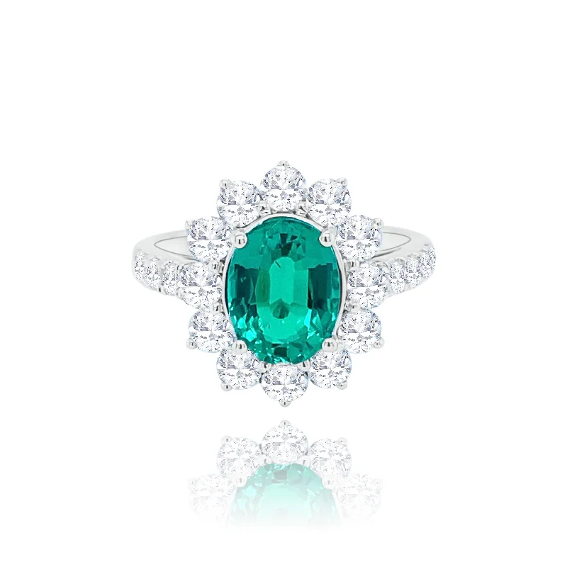 Designer Wedding Sets-Oval Emerald & brilliant cut Diamonds "Evelyn" Ring