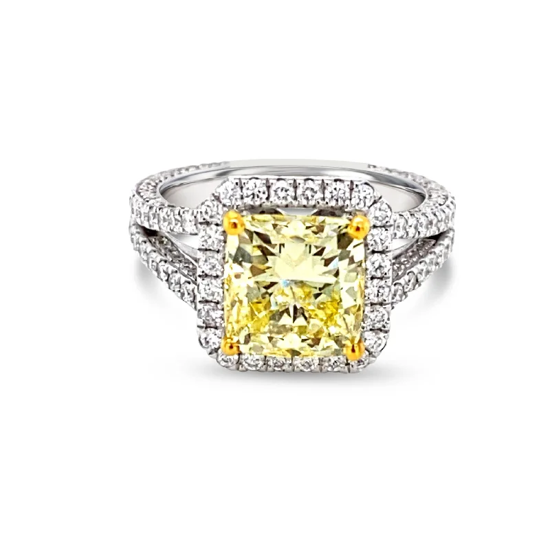 Wedding Band Customization-Split Sided Halo set Cushion cut Fancy Yellow Diamonds Ring