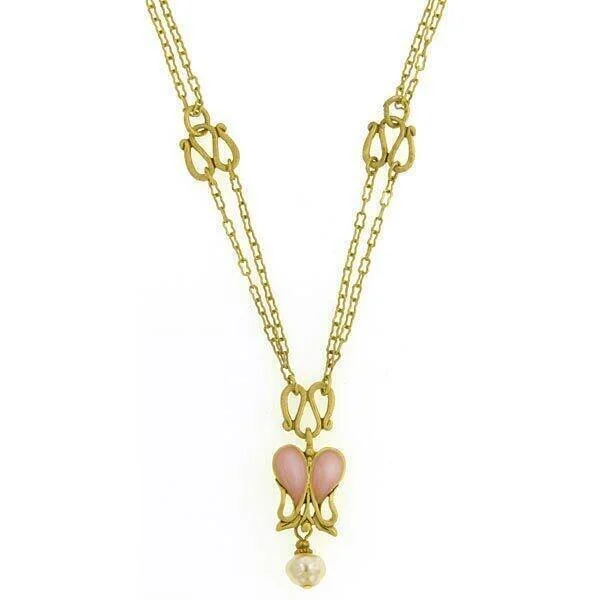 Antique Necklaces-Antiquities Couture Heartbeat Boutique Pink Enamel & Baroque Faux Pearl Pendant Necklace 18"