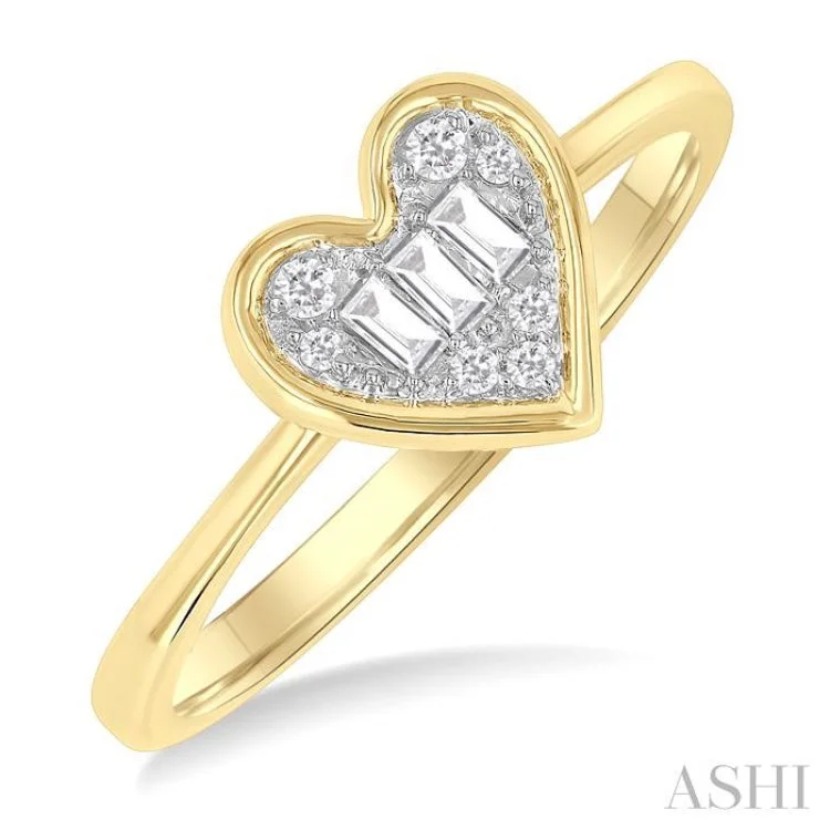 Engraved Wedding Bands-1/6 ctw Petite Bezel Set Heart Shape Fusion Baguette and Round Cut Diamond Fashion Ring in 10K Yellow Gold