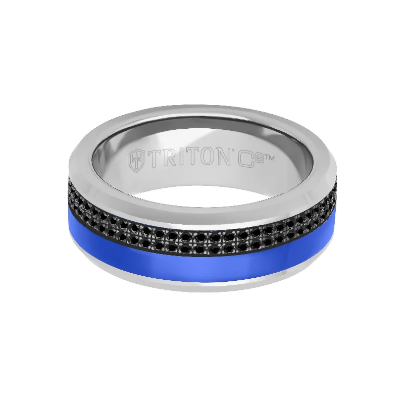 Unique Birthstone Wedding Rings-8MM Tungsten Carbide Ring - Asymmetrical Ceramic C8 Channel with Double Row Eternity Black Sapphires and Beveled Edge