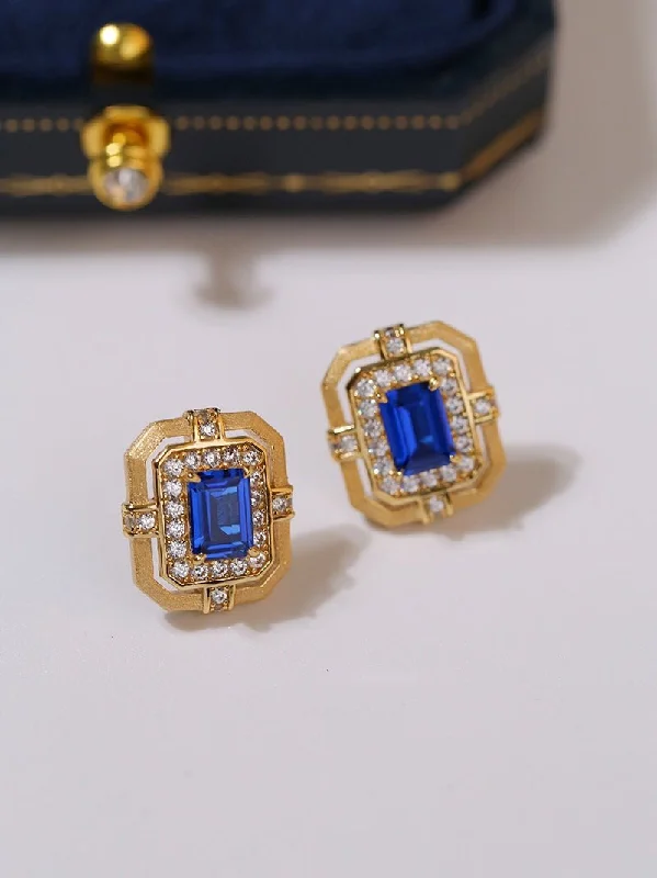 Boho Drop Earrings-Matte Gold Square Hollow Diamond Wrapped Sapphire Stud Earrings