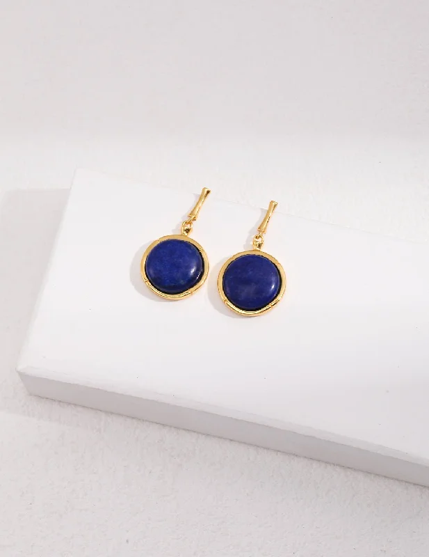 Crystal Stud Hoop Earrings-Natural Lapis Lazuli Stone Round Earrings