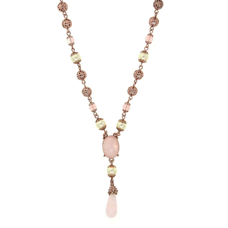 Crystal Necklaces-1928 Jewelry Rose Gold Faux Pearl Rose Quartz Y Necklace 16" + 3" Extender