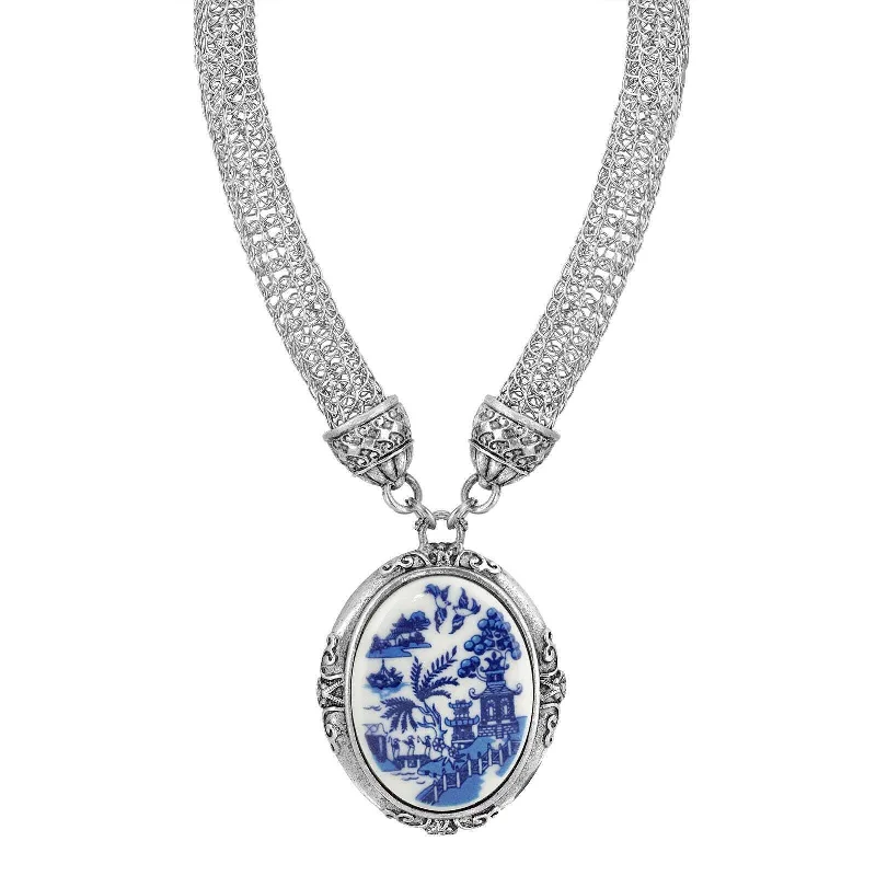 Elegant Necklaces-1928 Jewelry Blue Willow Signature Oval Pendant Mesh Tube Chain Necklace 18"