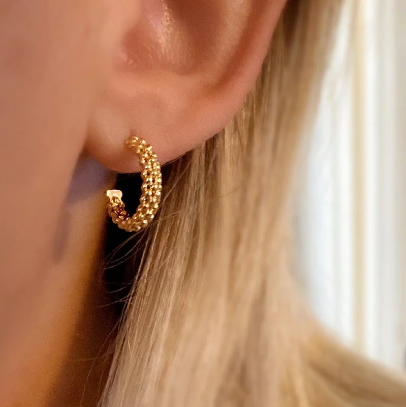 Shiny Drop Earrings-Luxury Defined: Caviar Textured Hoop Earrings in 18k Gold Overlay