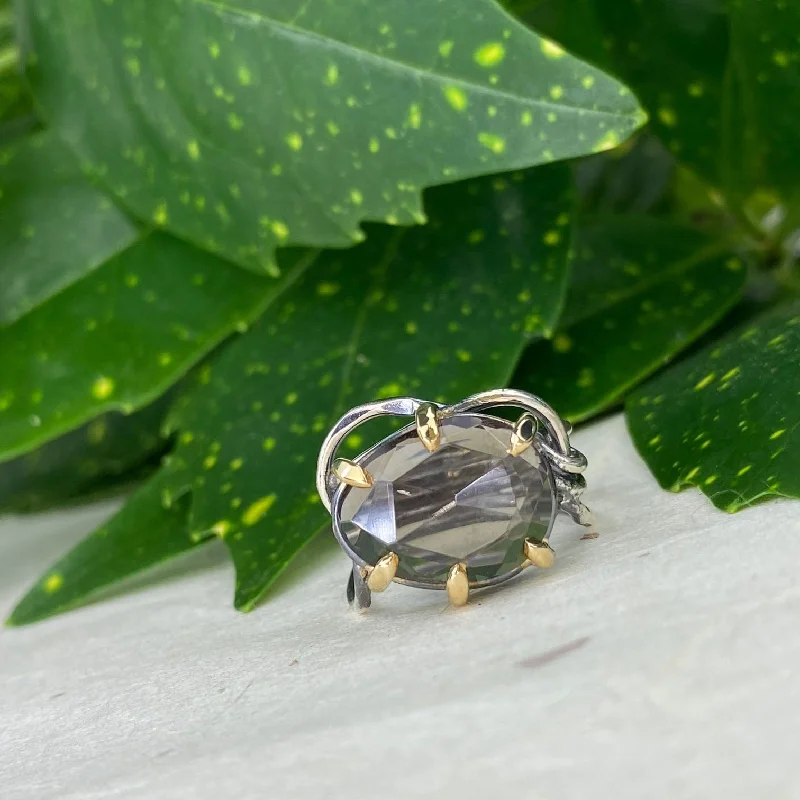 Women’s Vintage Wedding Rings-Silver and Gold Rose Cut Smokey Quartz Ring