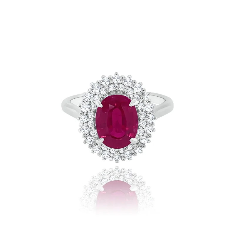 Affordable Engagement Rings-Double Halo Classic Set Diamonds Oval cut Ruby " Daisy " Ring