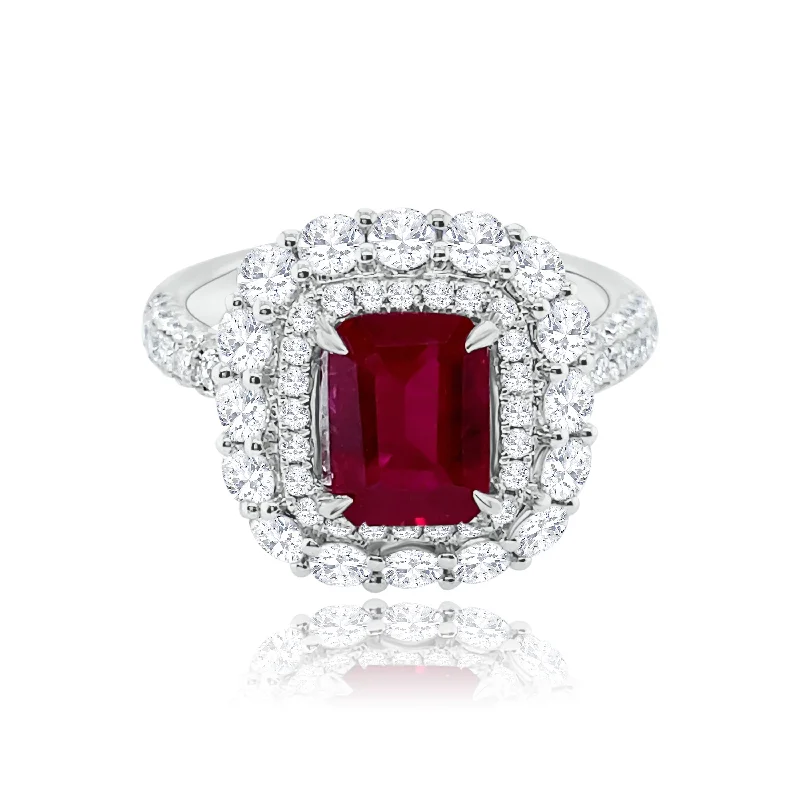 Simple Silver Engagement Rings-Double Halo Ruby & DIamonds « Martini »Ring.