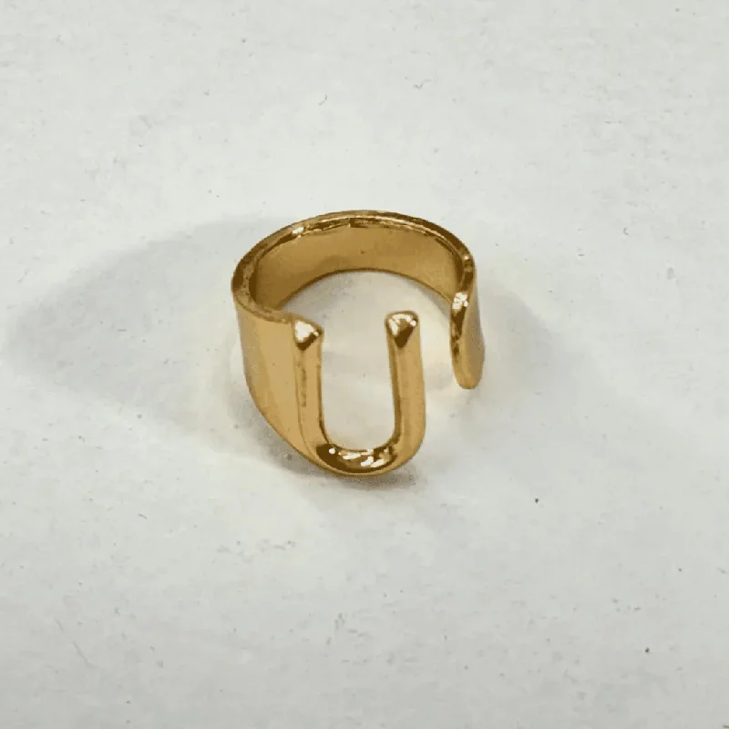 Customizable Birthstone Rings-TFC Letter- U Gold Plated Adjustable Ring