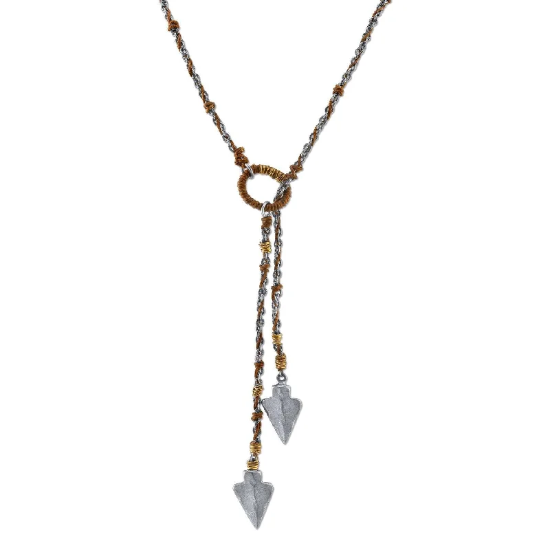 High Fashion Necklaces-T.R.U. Pewter-Tone Double Arrowhead Waxed Linen Wrapped Lariat Necklace 42"