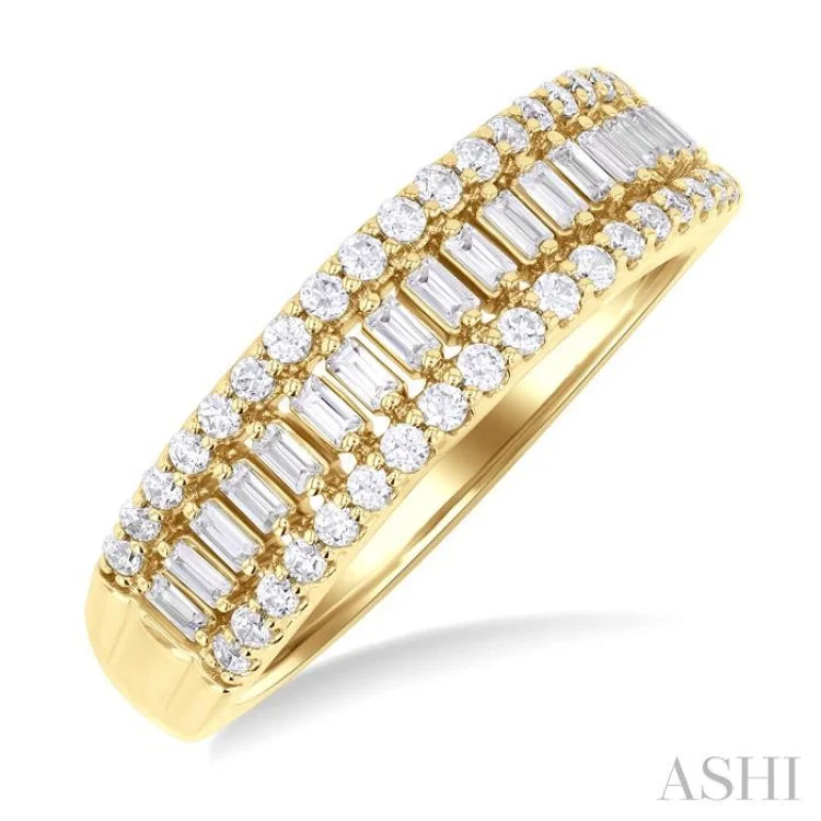 Custom Ring Engravings-1/2 ctw Channel Set Baguette and Round Cut Diamond Fashion Band in 14K Yellow Gold