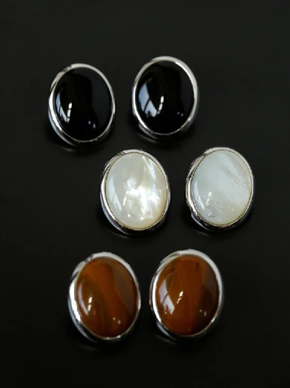 Elegant Gemstone Hoop Earrings-Oval Stud Earrings: White Mother-of-Pearl, Black Agate, Wood Grain Stone