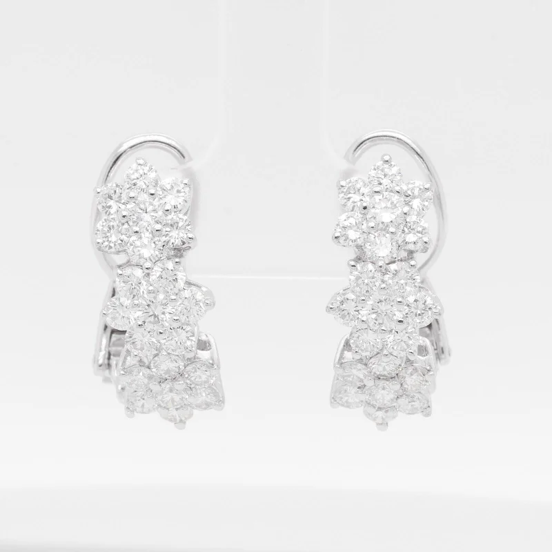 Gold Heart Earrings-18k White Gold Diamond Triple Cluster Earrings 2.50ctw F VS1 - Omegaback Closure