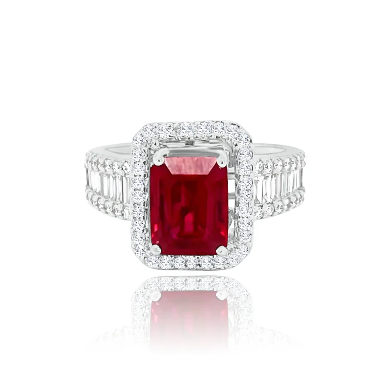 Custom Diamond Engagement Rings-EMERALD CUT RUBY & DIAMONDS RING