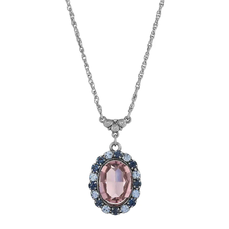 Zodiac Pendant Necklaces-1928 Jewelry Anastasia Blue Rimmed Pink Oval Pendant Necklace 15" Chain