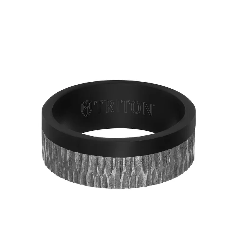 Custom Family Rings-8MM Black Tantalum Ring - Brushed Grey Asymmetrical Inlay and Flat Edge