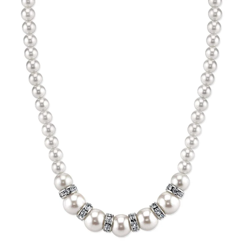 Opal Necklaces-1928 Bridal White Graduated Faux Pearl Strand And Crystal Necklace 15" + 3" Extender