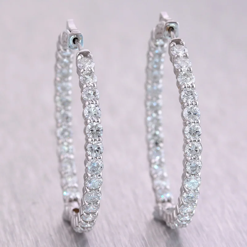 Handcrafted Gemstone Earrings-Modern 14k White Gold 8.40ctw Diamond In & Out Hoop Earrings