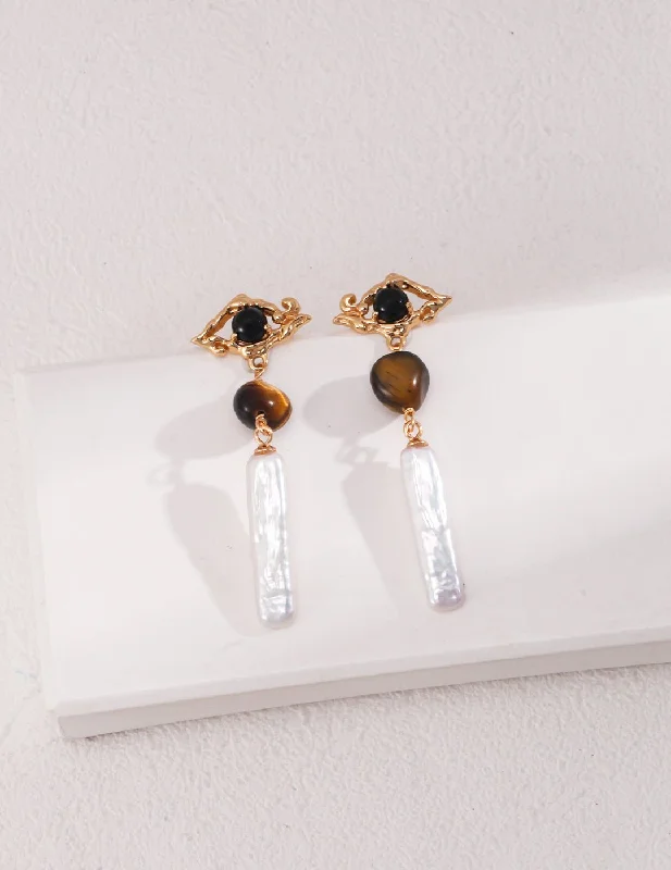 Single Hoop Earrings-Tiger Eye Stone Long Baroque Pearl Earrings